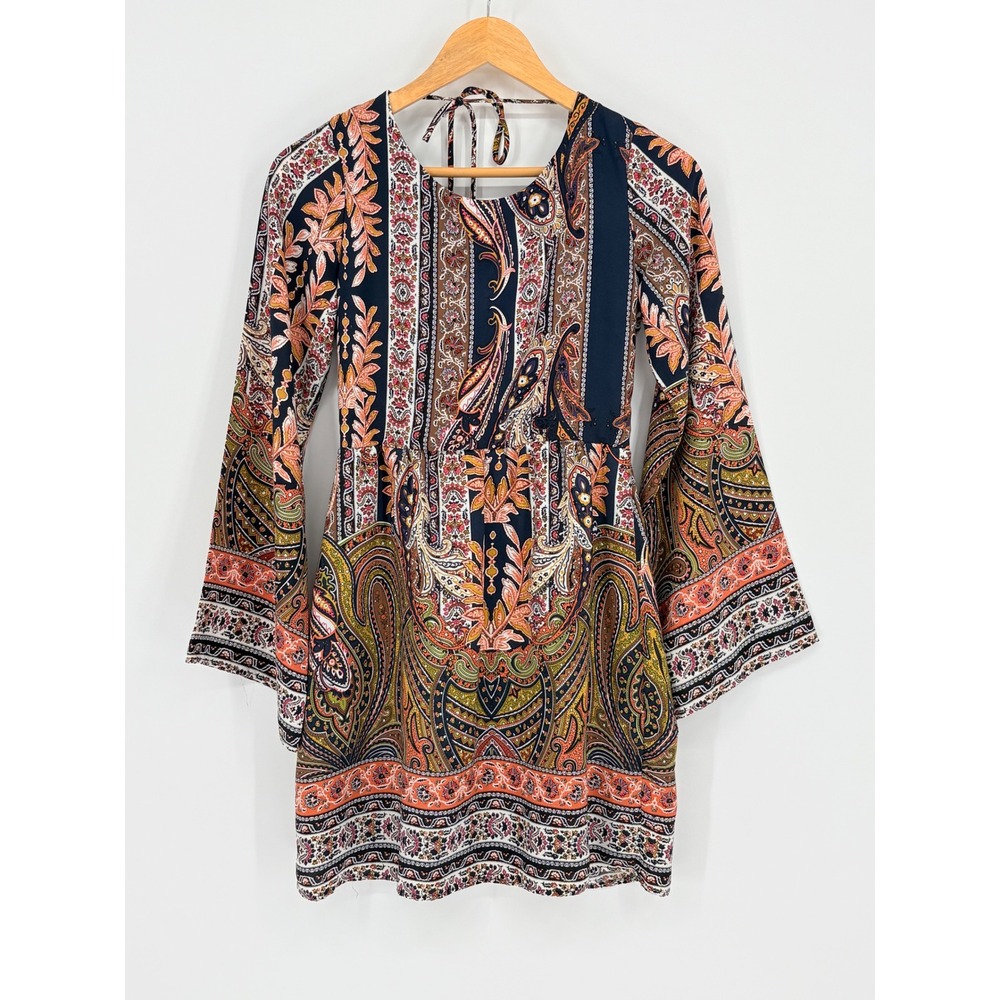 Sage the Label Paisley Open Back Bell sleeves Mini Dress Small Boho Retro Navy - Picture 2 of 8